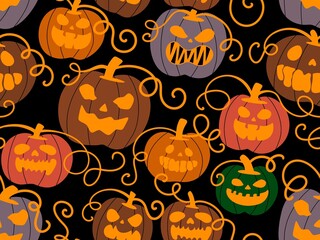 Wall Mural - Halloween cute pumpkins seamless monsters pattern for wrapping paper and fabric