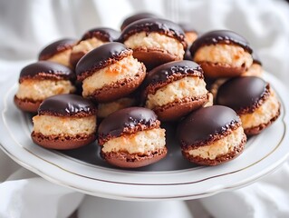 Many chocolate-dipped macaroons