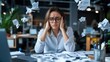 © Lens Legacy - A businesswoman in an office setting appears overwhelmed as papers fly around her, highlighting work-related stress and the chaotic nature of handling business duties.