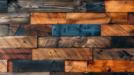 Poster - The wall showcases a beautiful arrangement of planks in various shades of brown and blue. The texture and grain of the wood add depth and character, creating a warm atmosphere.