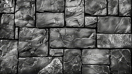 Poster - A detailed view of a textured wall made of black and gray stones arranged in varied shapes. The surface displays rough edges and subtle variations, creating an intriguing mosaic of textures.