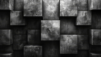 Poster - A series of gray blocks is arranged in a three-dimensional manner against a dark background, showcasing varying textures and shadows that create a visually striking composition.