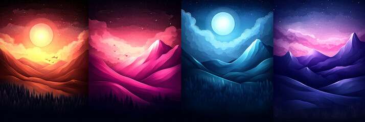 Sticker - Four colorful mountain scenes with vibrant colors