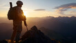 © Zape - A U.S. Marine in full combat gear, standing atop a rocky mountain peak at dawn, his rifle slung across his chest as he surveys the rugged landscape below. Marine on a mountain at dawn.