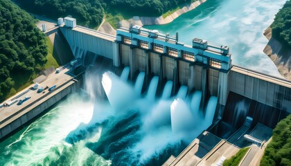 Renewable Energy Transformation: Hydroelectric Dam Surrounded by Lush Forests