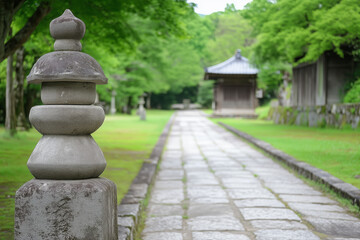 A traditional stone lantern along a peaceful stone path in a lush green Japanese garden