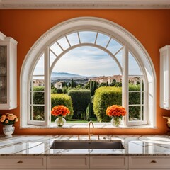 Elegant Kitchen Interior with a View. A luxurious kitchen interior featuring white countertops and a large arched window framing a stunning garden view with topiary trees and distant hills.