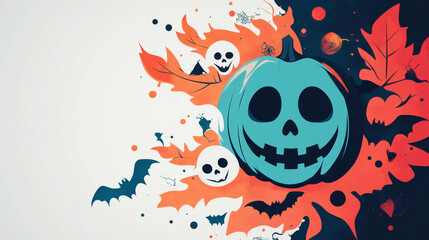 Wall Mural - A teal pumpkin with a spooky grin surrounded by bats and leaves.