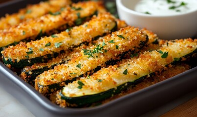 Wall Mural - Zucchini sticks in breadcrumbs with cheese, herbs, breadcrumbs and white yogurt sauce