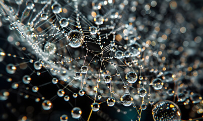 This stunning closeup captures the intricate beauty of dew drops on a spider web, highlighting natures delicate and detailed designs in all their exquisite elegance and fragility