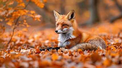 Wall Mural - Red Fox in Autumn Leaves