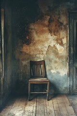 Canvas Print - Vintage chair in an abandoned room with peeling wall and wooden floor