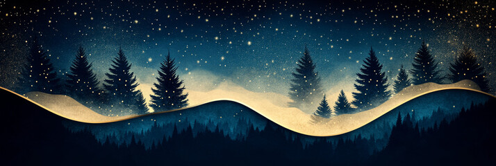 Poster - Silhouetted pine trees in a wintery forest under a starry night sky.