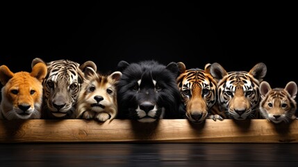 Poster - Tigers, Lions, and a Dog Looking Over a Wooden Fence