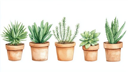 Wall Mural - Five varieties of succulents displayed in terracotta pots on a clean white background, showcasing their lush foliage and vibrant colors