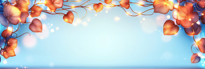 Golden leaves on a blue background with bokeh lights.