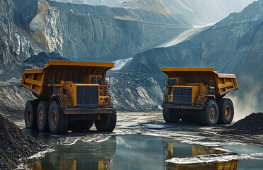 Two yellow dump trucks are driving down a dirt road against the backdrop of an open coal mine.