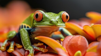 Wall Mural - Close-up of a Red-eyed Tree Frog on Flowers