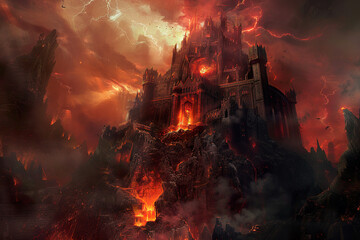 Wall Mural - a red and black castle with a lava flow in front of it.,