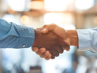 A firm handshake between two business professionals symbolizing agreement, partnership, and commitment in a modern setting.