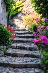 Stone pathway leading up through a lush garden in a village