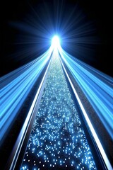 Poster - A striking display of blue light beams extends from a bright source, illuminating a dark space filled with shimmering particles, creating an ethereal and captivating atmosphere.