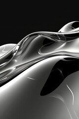 Poster - The artwork features flowing silver waves against a deep black background, creating a striking contrast. The smooth curves and reflections evoke a sense of depth and modernity in the composition.