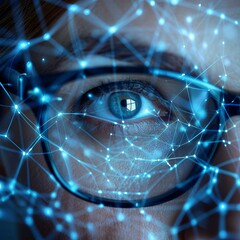 Poster - This close-up perspective features a person eye, enhanced by glowing blue digital connections and intricate patterns that evoke a sense of technology and connectivity.