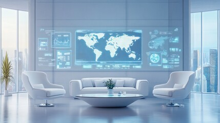 Poster - Futuristic Office Interior with World Map Display