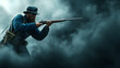 © Zape - A Union soldier from the American Civil War, dressed in a blue wool uniform and holding a rifle with a bayonet, marching through a smoke-filled battlefield. Union soldier marching in the Civil War.