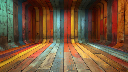 Poster - The space features a striking interior with walls and flooring made of brightly colored wooden planks, creating a lively and creative atmosphere ideal for artistic projects or gatherings.