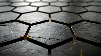 Poster - The close-up showcases cracked, hexagonal tiles with a unique texture. The interplay of light and shadows highlights the weathered surface, presenting an intriguing pattern and depth.