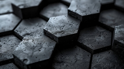 Poster - A close-up view showcases black hexagonal tiles intricately arranged in a modern geometric pattern. The textured surface reveals fine details, creating an aesthetically appealing design.