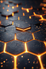 Poster - A captivating close-up reveals dark hexagonal tiles interspersed with glowing lines. The intricate design features a blend of textures and lighting that enhances its modern appeal.