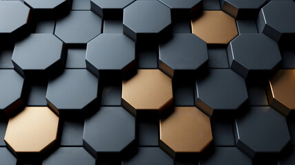 Poster - A close-up view showcasing an intricate arrangement of hexagonal tiles in black and gold, creating a geometric and contemporary aesthetic with a stylish visual appeal.