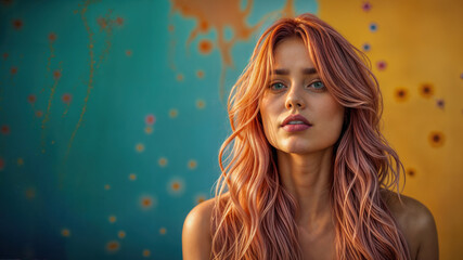 A colorful illustration of a young woman with orange hair standing in front of a multi-colored background of blues and oranges. Copy space.