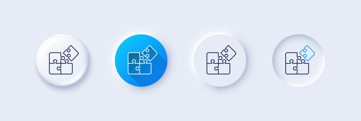 Sticker - Puzzle line icon. Neumorphic, Blue gradient, 3d pin buttons. Engineering strategy sign. Line icons. Neumorphic buttons with outline signs. Vector