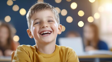 Wall Mural - A young boy is smiling and laughing in a classroom