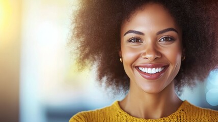 Poster - A woman with curly hair is smiling and wearing a yellow sweater