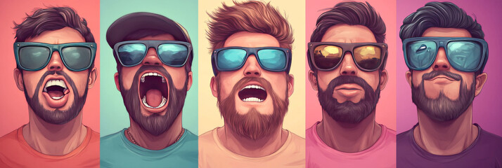 Canvas Print - Five men with beards and sunglasses, each with a different expression.