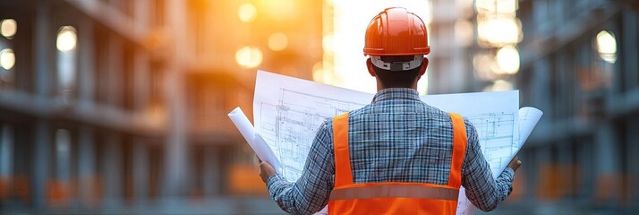 Civil architect engineer inspecting and working outdoors on construction building site with blueprints. 