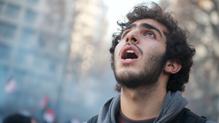 A man with a beard and a beard is looking up at the sky