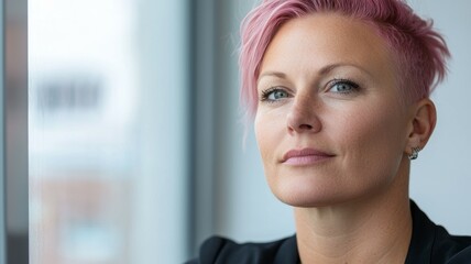 Poster - A woman with pink hair and a pink shirt is standing in front of a window