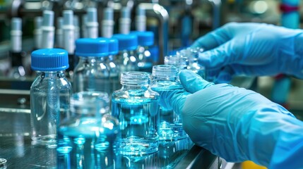 hand with sanitary gloves check medical vials on production line at pharmaceutical factory