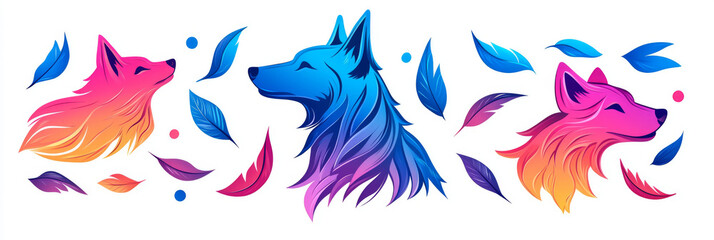 Wall Mural - Three colorful wolf heads with feathers on white background