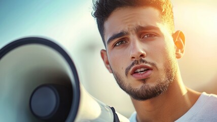 Wall Mural - A man with a microphone is holding it up to his face