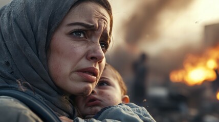 Poster - A woman is holding a baby in a burning building