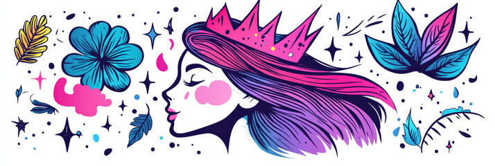 Wall Mural - A vibrant illustration of a woman wearing a crown surrounded by flowers and stars.