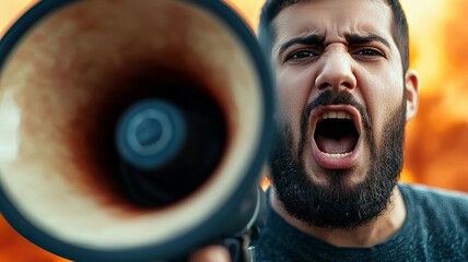 Poster - A man with a beard is holding a microphone and yelling into it