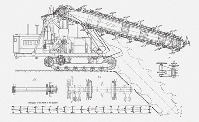 Sticker - Bulldozer. Tracked (crawler) earthmoving machine. 
Technical drawing of tractor.
Engineering mechanical pencil design of excavator. Industrial 
cad scheme on white paper sheet. 
Technology background.